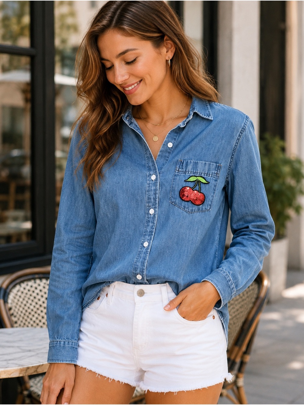 Banana Republic Blue Denim Button-Down Shirt with Cherry Patch